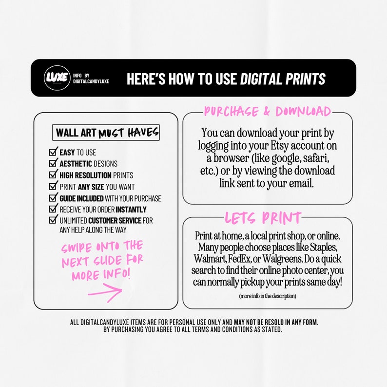 Puede incluir: Un gr&aacute;fico rosa y negro con el texto "Aqu&iacute; tienes c&oacute;mo usar las impresiones digitales." El gr&aacute;fico incluye dos secciones: "Elementos imprescindibles para el arte de pared" y "Compra y descarga." La secci&oacute;n "Elementos imprescindibles para el arte de pared" enumera las caracter&iacute;sticas de las impresiones digitales, como "F&aacute;cil de usar" e "Impresiones de alta resoluci&oacute;n." La secci&oacute;n "Compra y descarga" explica c&oacute;mo descargar e imprimir impresiones digitales.