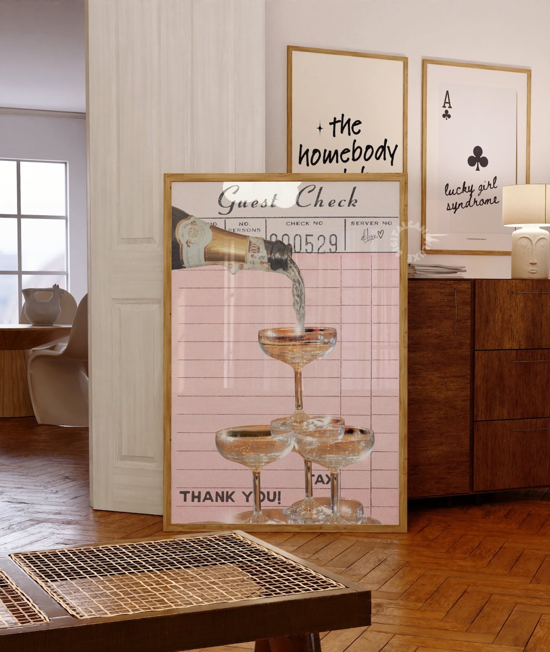 Champagne Guest Check Print Trendy Wall Art Prints Bar Cart Decor Pink Art Girly Trendy