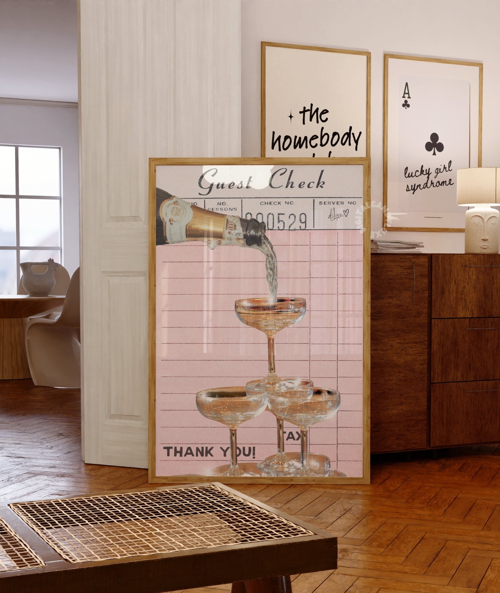 Champagne Guest Check Print Trendy Wall Art Prints Bar Cart Decor Pink ...