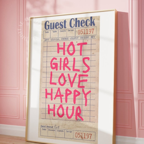 Hot Girls Love Happy Hour Guest Check Print Trendy Wall Art Bar Cart Print Guest Check Poster Trendy Printable Art Wall Prints Pink Preppy