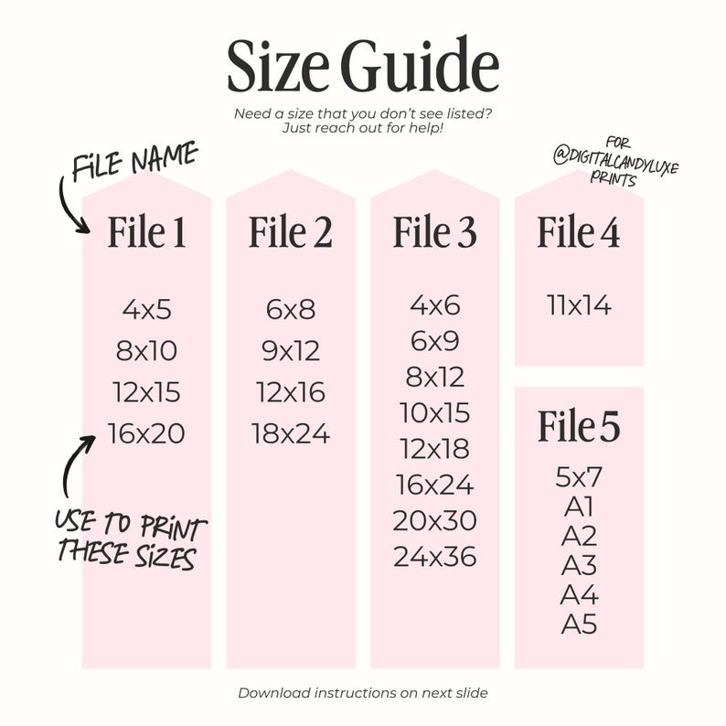May include: A pink and white chart with the title "Size Guide" and the text "Need a size that you don't see listed? Just reach out for help!"  The chart lists different file names and the corresponding print sizes in inches.  The file names are "File 1", "File 2", "File 3", "File 4", and "File 5".  The print sizes are 4x5, 8x10, 12x15, 16x20, 6x8, 9x12, 12x16, 18x24, 4x6, 6x9, 8x12, 10x15, 12x18, 16x24, 20x30, 24x36, 11x14, 5x7, A1, A2, A3, A4, and A5.