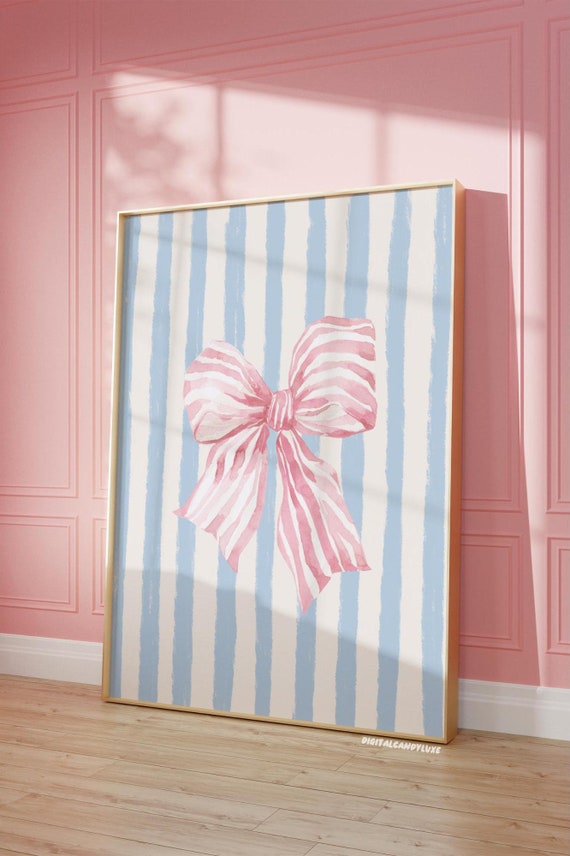 Vintage Bow Print Pink Wall Art Prints Digital Print Printable Art Girly Wall Prints Coquette Decor Retro Posters Blue Wall Art Trendy Cute