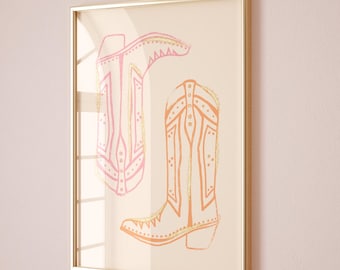 Pink Orange Wand Kunst Drucke Girly Wohnheim Dekor Cowgirl Poster Ästhetische Digitaldrucke Süßes rosa druckbare Kunst Golddekor