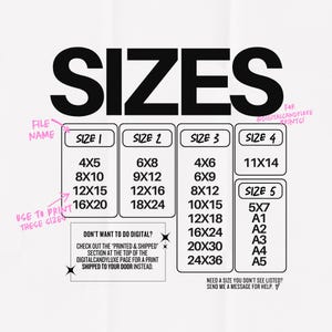 May include: A chart with different sizes for digital prints. The chart includes sizes from 4x5 inches to 24x36 inches. The chart also includes a note about printed and shipped options.