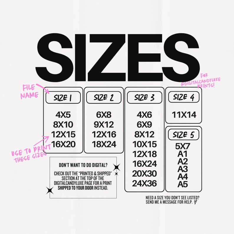 May include: A chart with different sizes for digital prints. The chart includes sizes from 4x5 inches to 24x36 inches. The chart also includes a note about printed and shipped options.