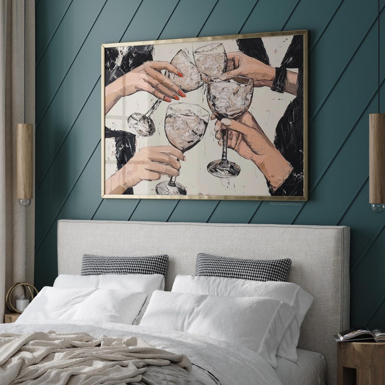 May include: A painting of four people raising their glasses in a toast. The painting is done in a loose, expressive style with a white background and black outlines. The glasses are filled with a clear liquid and the people are wearing dark clothing.
