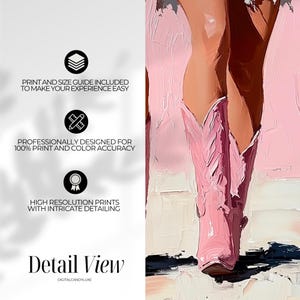 May include: A close-up detail view of a painting of a woman's legs wearing pink cowboy boots. The boots are painted with thick brushstrokes and have a textured look. The background is a light pink color.