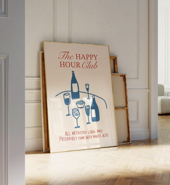 Bar Cart Prints Happy Hour Club Poster Retro Wall Art Kitchen Decor Red And Blue Wall Print (Unframed) Trendy Wall Art Aesthetic Apartment