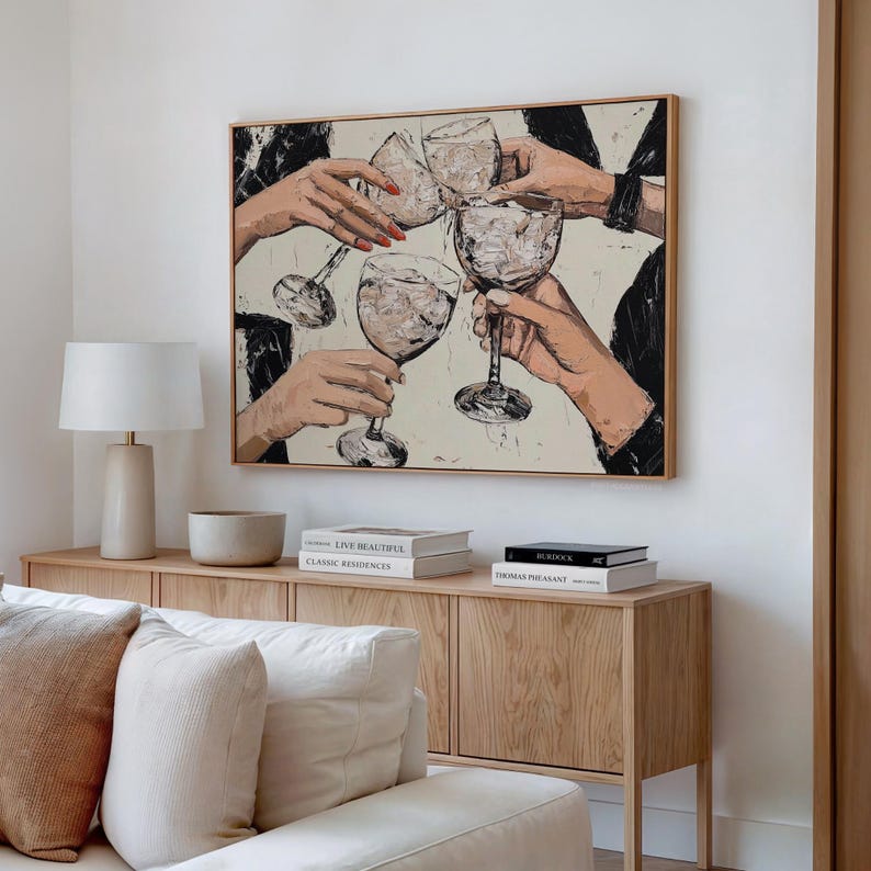May include: A painting of four hands holding up glasses of wine, with a white background and black outlines. The glasses are filled with a light-colored liquid, and the hands are reaching towards each other in a toast.