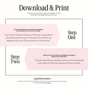 May include: A pink and white graphic with instructions on how to download and print digital files. The text says "Download & Print", "Step One", "Step Two", "Legal Information", and "All items from DIGITALCANDYLUXE are for personal use only and may not be resold in any form."
