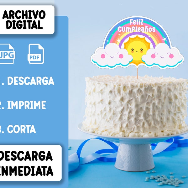 DESCARGA INSTANTE DIGITAL archivos Cake Topper, Cumpleaños Fiesta TartaTopper Nubes Arcoiris Kawaii Cute Infantil