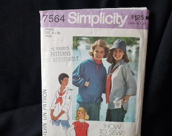 Simplicity 7564 "how to sew" sewing pattern for misses pullover tops, dropped shoulders, topstitched sizes 6 or 8-10 CUT