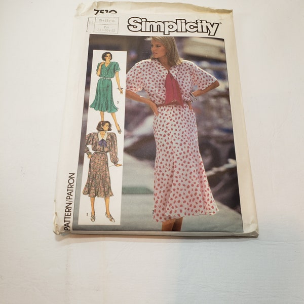 Simplicity 7510 sewing pattern, 80's classic, blouson dress, back pleated to yoke, gored skirt UNCUT FF sz 10,12,14