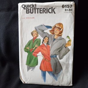 May include: A vintage sewing pattern for a jacket, featuring three women wearing different styles of jackets. The pattern is from Quick & Easy Butterick, size medium, and is numbered 6157. The price is $1.50.