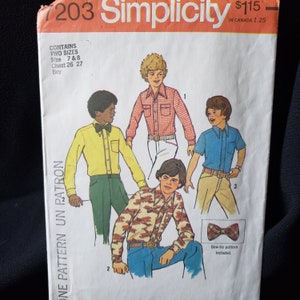 Simplicity 7203 sewing pattern for boys shirt and bow tie - yoke, topstitching, forward shoulder seams CUT size 7 & 8  Rare Find
