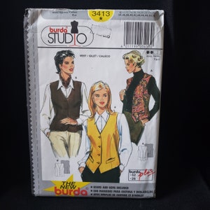 May include: A Burda Studio sewing pattern packet featuring illustrations of women's vests. The packet includes the number 3413 and the text "VEST / GILET / CALECO". The illustrations show different vest styles in various colors.
