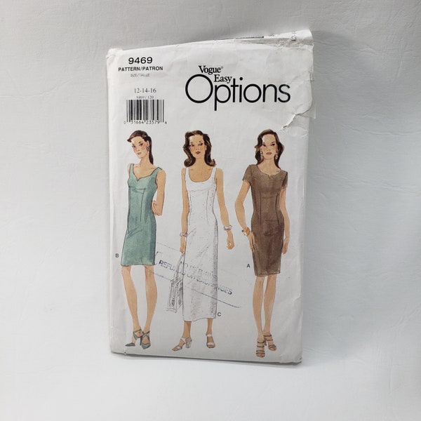 Vogue 9469 Easy Options, sewing patterns fitted, lined, tapered dress, above mid knee, neckline options, back zip CUT sizes 12-16 avail