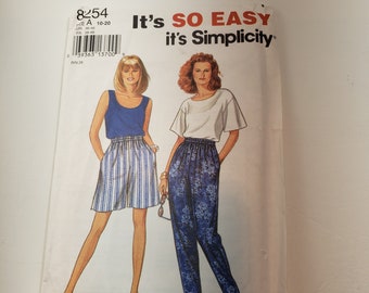 Patrón de costura Simplicity 8254 de 1992. Pantalones o shorts, tops y camisetas de tirantes para señoras, tallas 10-20, sin cortar, hallazgo poco común.