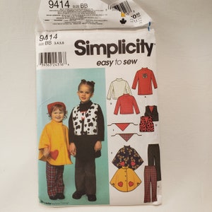 May include: Simplicity sewing pattern number 9414 for sizes BB, 3, 4, 5, and 6. The pattern includes instructions for making a waistcoat, a turtleneck shirt, a cape, and trousers. The pattern is easy to sew and includes a variety of design options.
