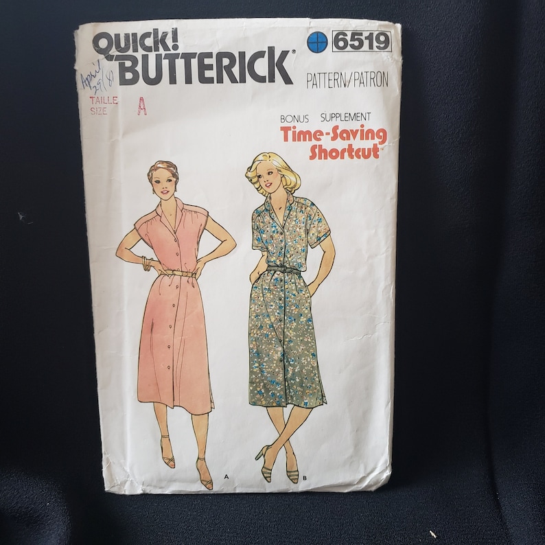 Butterick 6519 Sewing Pattern for Shirt Dress, Cap or Short Sleeve Rare
