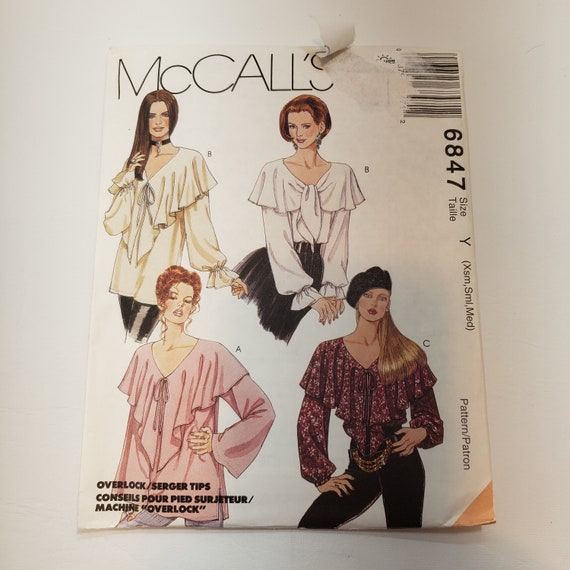 McCall's 6847 sewing pattern for pullover top with large ruffle front options , long bell or elasticized cuff sleeves, UNCUT FF, sz xsm-med