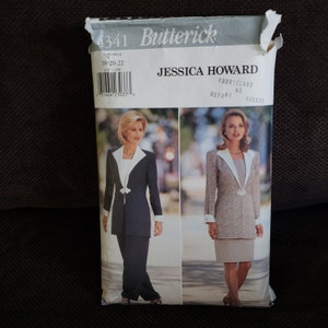 May include: A sewing pattern for a suit jacket and trousers. The pattern is by Butterick and is for sizes 18-20-22. The pattern is called "Jessica Howard" and the fabric is "Fabric Land".