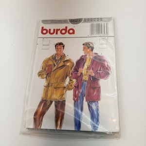 May include: Burda sewing pattern number 4627 for a jacket. The pattern includes two different styles, one in a beige color and the other in a burgundy color. The pattern is for sizes 36, 40, 42, 44, 46, 48, 48, 50, 52, 54, 56, and 58.