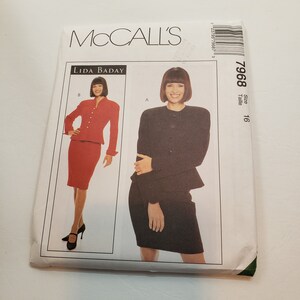 90s McCalls 7968 Schnittmuster für Lida Baday Damen Jacke mit Schößchen & Rock in 2 Längen Größe 16 ungeschnitten
