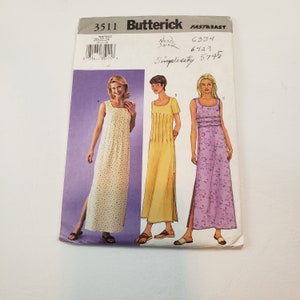 May include: A sewing pattern for a maxi dress with three different styles. The pattern is from Butterick and is labeled "Fast & Easy" with the numbers 3511, 6334, 6429, and 5745.