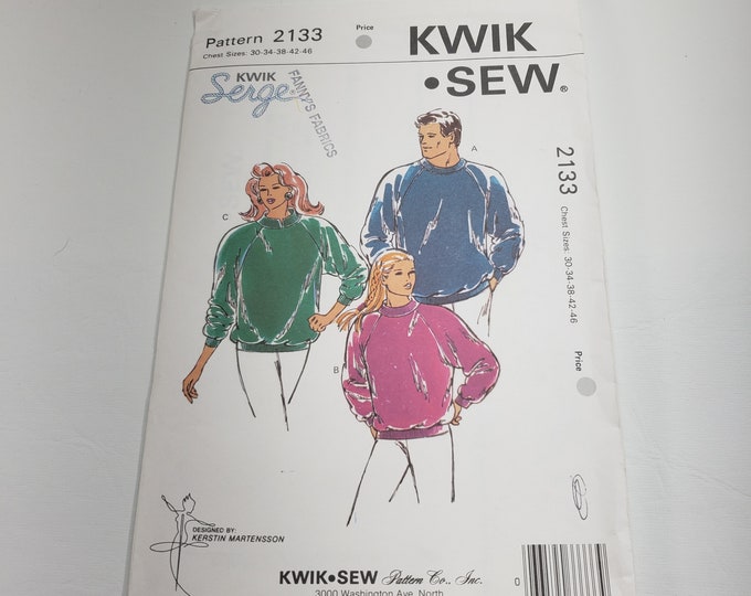 Kwik Sew 2133 Sewing Pattern for Pullover Sweatshirt, Unisex, Raglan Sleeve, Ribbing Waistband