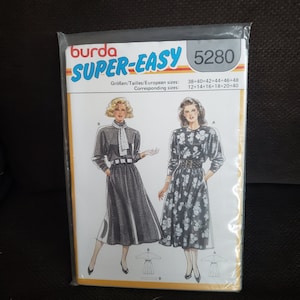 May include: A sewing pattern for a dress with two different styles. The pattern is from Burda Super-Easy and is number 5280. The pattern includes sizes 38-48 and 12-20.