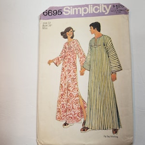May include: Simplicity sewing pattern number 6695 for a long, flowing dress and a long, striped robe. The pattern is for size 12, bust 34 inches. The pattern includes instructions for zig zag stitching.