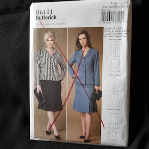 May include: A sewing pattern for a jacket and skirt. The pattern is for sizes X-Small to X-Large. The pattern is by Butterick and designed by Connie Crawford. The pattern includes instructions for making a jacket and skirt with a modern fit.