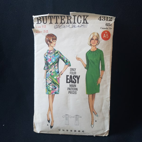 Butterick 4312 vintage 60's dress , semi fitted, shirred at front neck, bias rolled collar CUT size 12