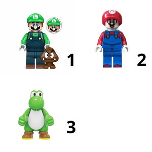 May include: Three Lego minifigures: a green and brown Mario character, a red and blue Mario character, and a green Yoshi character.