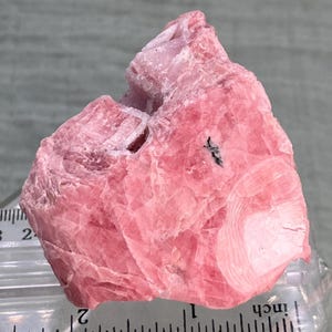 May include: A rough, pink rhodochrosite mineral specimen. The stone has a layered texture and varying shades of pink. A ruler is placed next to the stone for scale, showing measurements in inches.