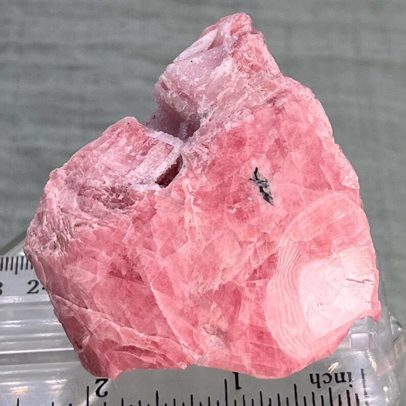 May include: A rough, pink rhodochrosite mineral specimen. The stone has a layered texture and varying shades of pink. A ruler is placed next to the stone for scale, showing measurements in inches.