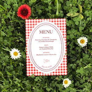 May include: A menu card with a red and white checkered pattern, featuring a white oval border with the word "MENU" at the top. The menu lists a starter, main course, and dessert. The card is surrounded by green grass and flowers.