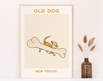 May include: A framed illustration of a dog with a bone in its mouth. The text "OLD DOG NEW TRICKS" is printed below the image.