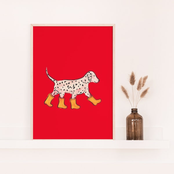 Digital Dog Print Dog Red Wall Art Digital Print Dalmatian in the Rain Dog Print Illustrated Boy Bedroom Wall Decor DIGITAL DOWNLOAD