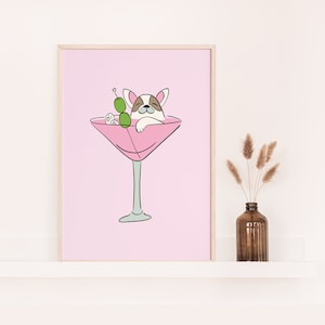 Digitale hond print hond roze muur kunst Martini wijn hond kunst digitale download Puppitini Art Bar Cart Art Martini hond gelukkige hond digitale DOWNLOAD