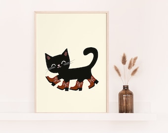 Cat Poster Black Cat in Cowboy Boots Western Wall Art Cute Cat Print Illustrated Cute Fun Cat Wall Decor Matte Vertical Posters