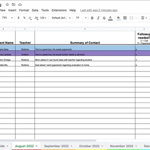 May include: A spreadsheet with a phone log for a school. The columns include date, student name, teacher, summary of contact, followup needed, and date complete. The spreadsheet is filled with data for the months of August, September, and October.