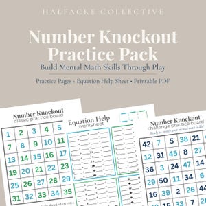 May include: A printable Number Knockout Practice Pack featuring a classic practice board with numbers 1 through 35, an Equation Help worksheet with blank spaces for math operations, and a challenge practice board with larger numbers.