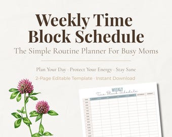 Op de afbeelding: Een digitaal wekelijks tijdsblokschema-sjabloon met de tekst Halfacre Collective, Weekly Time Block Schedule, The Simple Routine Planner For Busy Moms, Plan Your Day, Protect Your Energy, Stay Sane en 2-Page Editable Template.