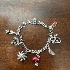 May include: Silver charm bracelet featuring various charms, including a pink flamingo, a sun with the text "The Sunshine State", a parrot, and a palm tree. The bracelet is made of silver-toned metal and has a lobster clasp closure.