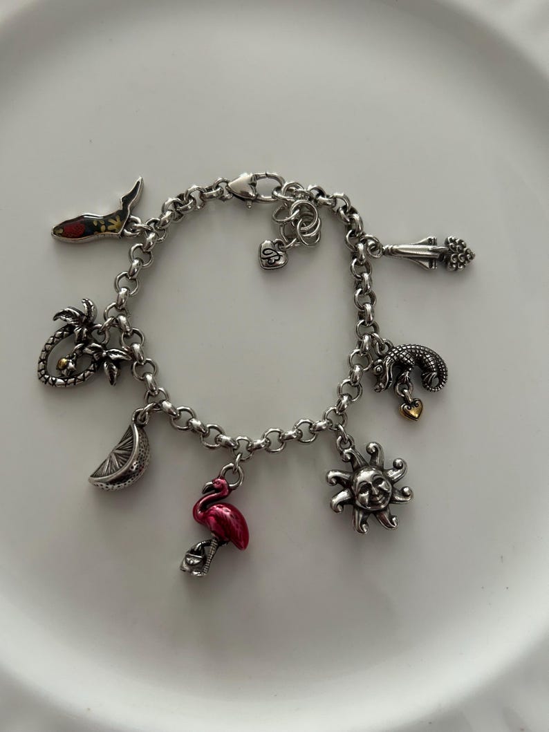 May include: A silver charm bracelet with various tropical-themed charms. Charms include a flamingo, sun, palm tree, slice of citrus, and a shoe. The bracelet is on a white surface.