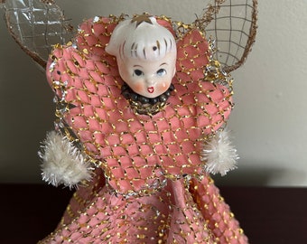 Vintage Holt Howard angel tree topper with metal mesh dress, mercury beads,  and porcelain head. 8 1/2 inches high.