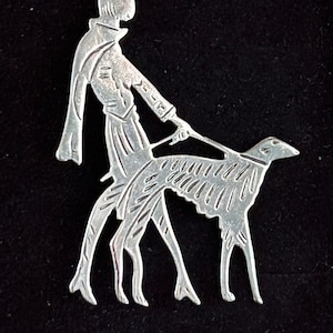 Vintage Art Deco Flapper woman walking her bozoi greyhound dog. 925 sterling silver.
