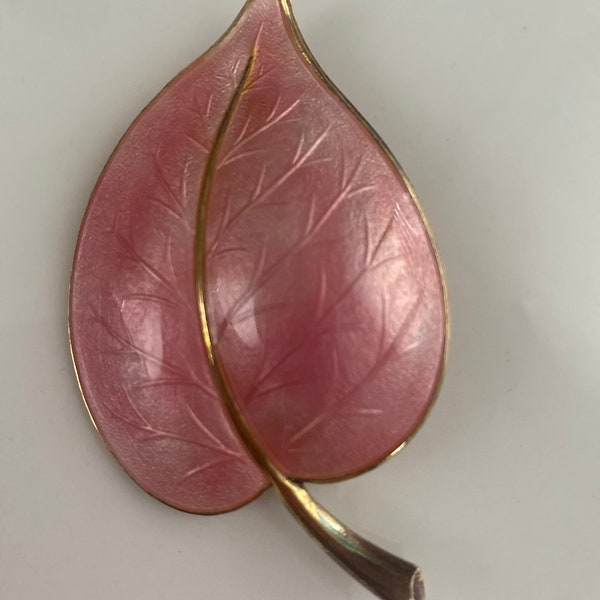 Vintage Norway Aksel Holmsen pink enamel sterling silver leaf brooch with gold wash. Signed pin.